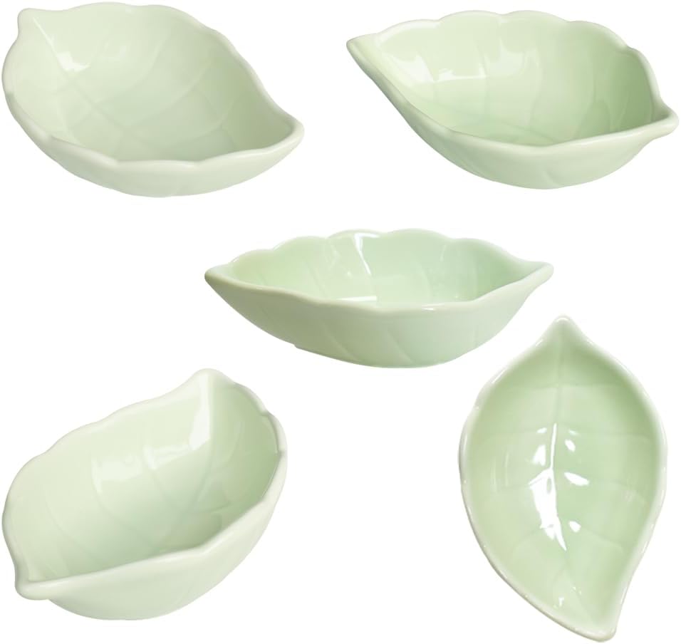 Green 6 pcs Leaf Shaped Porcelain Soy Sauce Dish Ceramic Dip Dipping Bowls 2.01 oz for Dinner Baking BBQ and Cooking