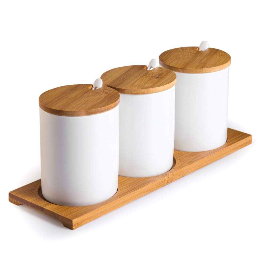 Porcelain Condiment Jar Spice Container with Lids - Bamboo Cap Holder Spot, Ceramic Serving Spoon, Wooden Tray Best Pottery Cruet Pot for Your Home, Kitchen, Counter. White,170 ML (5.8 OZ), Set of 3