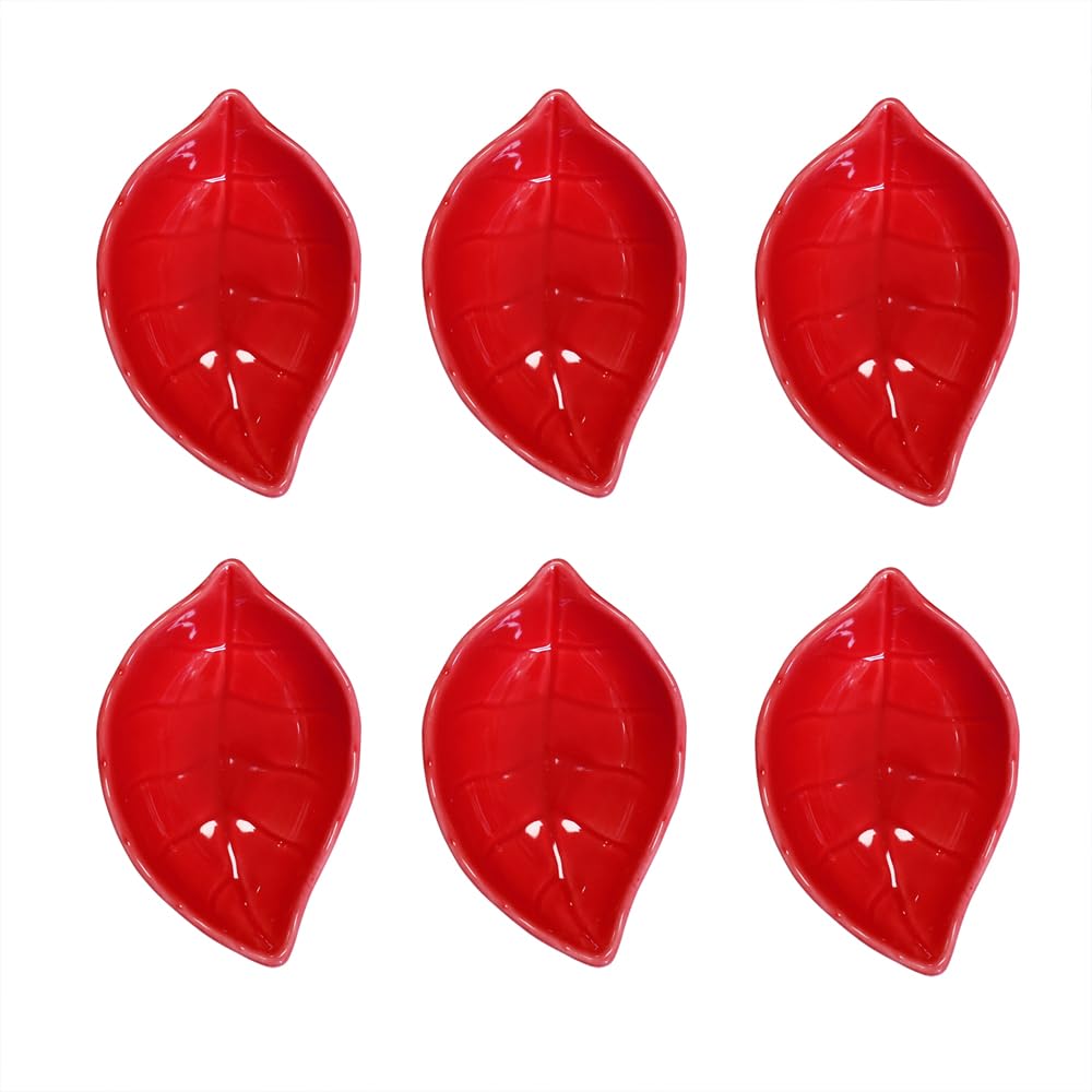 Green 6 pcs Leaf Shaped Porcelain Soy Sauce Dish Ceramic Dip Dipping Bowls 2.01 oz for Dinner Baking BBQ and Cooking