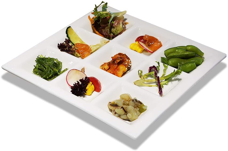 Cinf Ceramic Divided Plate, 9-Section Snack Tray with Sauce Compartments
