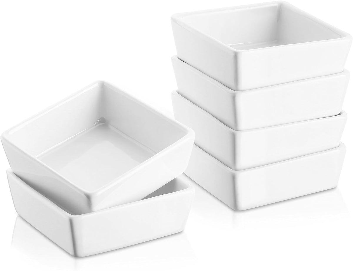DOWAN Creme Brulee Ramekins 6 oz Oven Safe, Small Ceramic Square Ramekin, Custard Cups Souffle Baking Dish, Dipping Bowls Soy Sauce Dish Appetizer Plates, Set of 6, Soft White