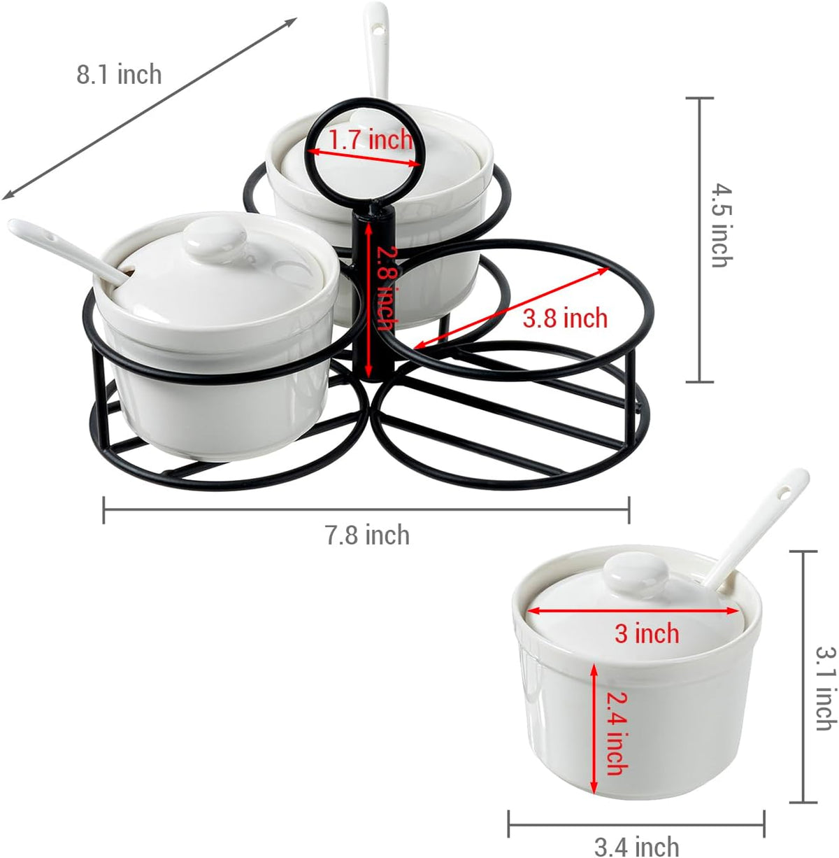 MyGift 10 Pc Set Ceramic Ramekin Condiment Dip Bowl with Lids and Spoons and Deluxe Modern Black Metal Wire Serving Rack for Sauces and Condiments
