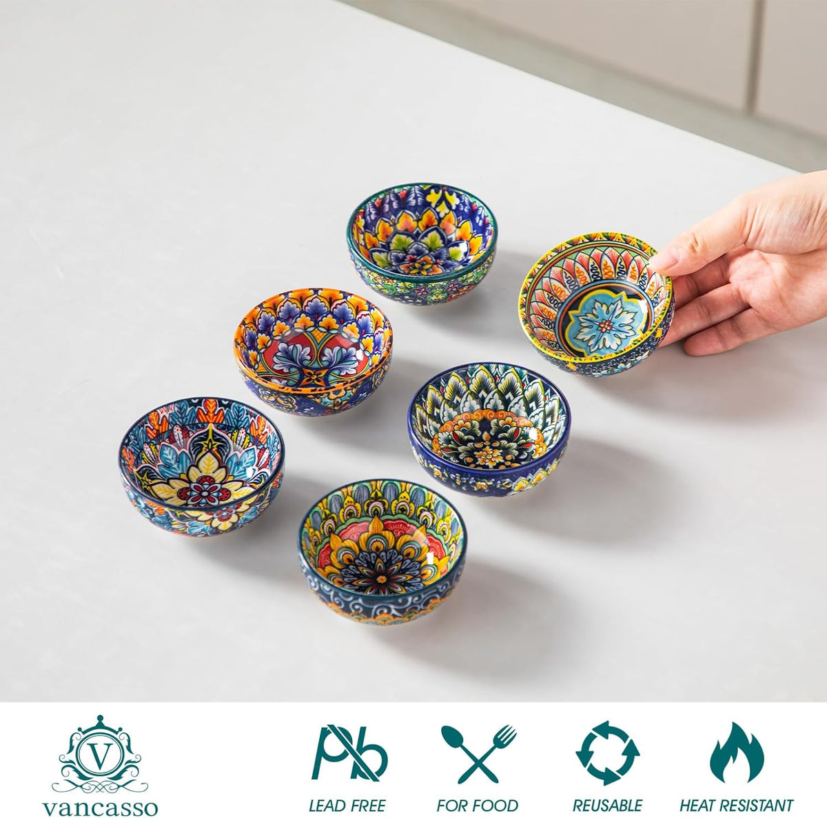 vancasso SIMI 2.7 Oz Ceramic Dipping Bowls Set of 6, Bohemian Sauce Bowls