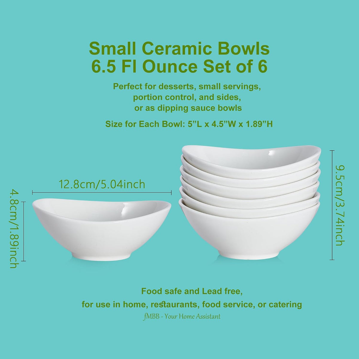 fMBB 6 oz Small White Ceramic Bowls - Set of 6 Dipping, Sauce, Salsa & Snack Bowls, Mini Ceramic Bowls for Condiments Charcuterie Pudding Creme Brulee Ketchup Vinegar Ice Cream