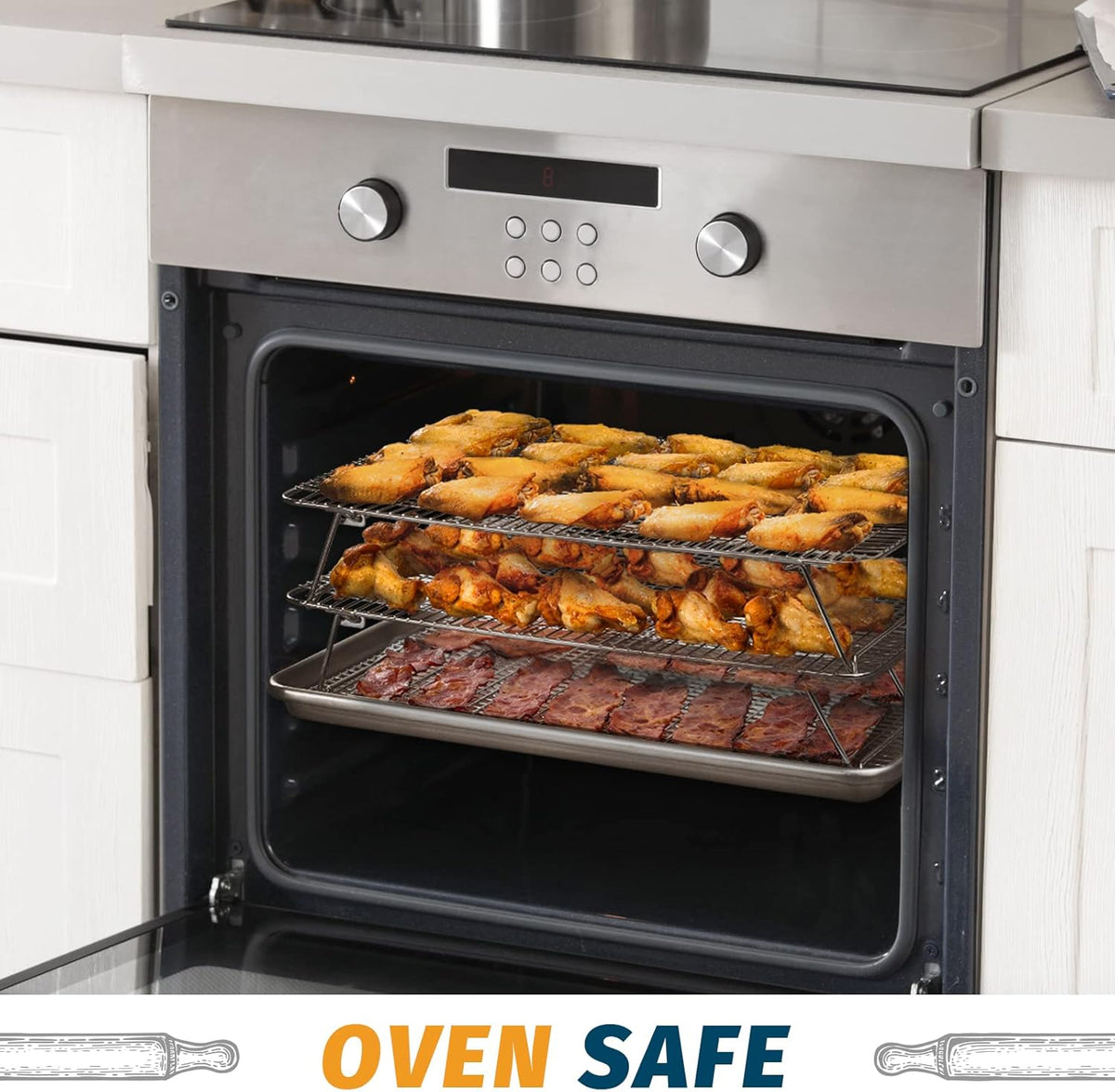 HIWARE Oven-Salf Collapsible Cooling Rack for Baking, 3 Tier 12”x 16.5”, Stainless Steel and Fit Half Sheet, Stackable Wire Cooling Racks for Cookie, Pizza, Cake
