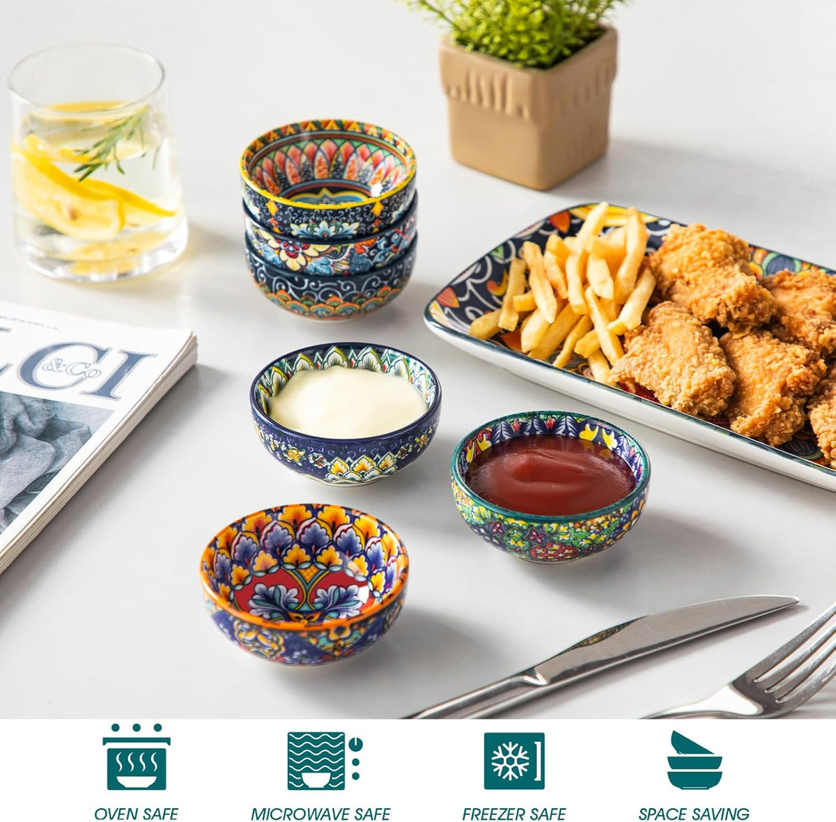 vancasso SIMI 2.7 Oz Ceramic Dipping Bowls Set of 6, Bohemian Sauce Bowls