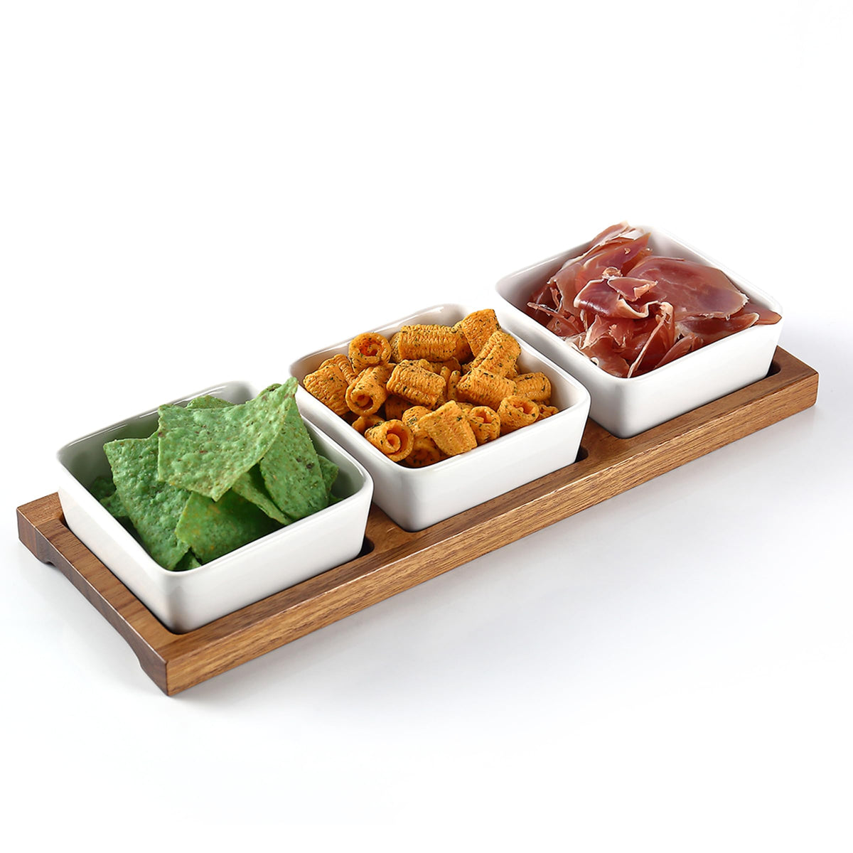 3 Pack Chip & Dip Serving Set with Wooden Tray, Oven Safe Bowls for Parties, Hosting Gifts, Cranberry/Soy Sauce Dish & Entertaining Essentials