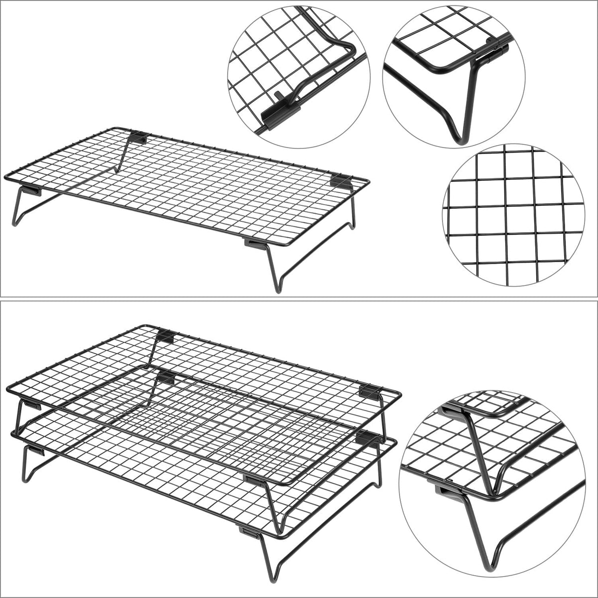 QWORK Stackable Cooling Racks for Baking and Cooking, 2 Pack 13.4x9.4 Inch Nonstick Carbon Steel Wire Rack, Foldable Cooling Rack