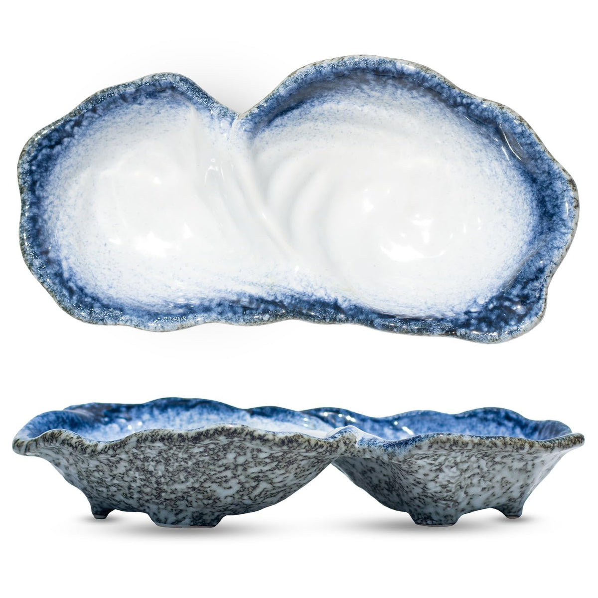 11-Inch Ceramic Divided Serving Bowl, 2-Compartment Appetizer Dish Blue