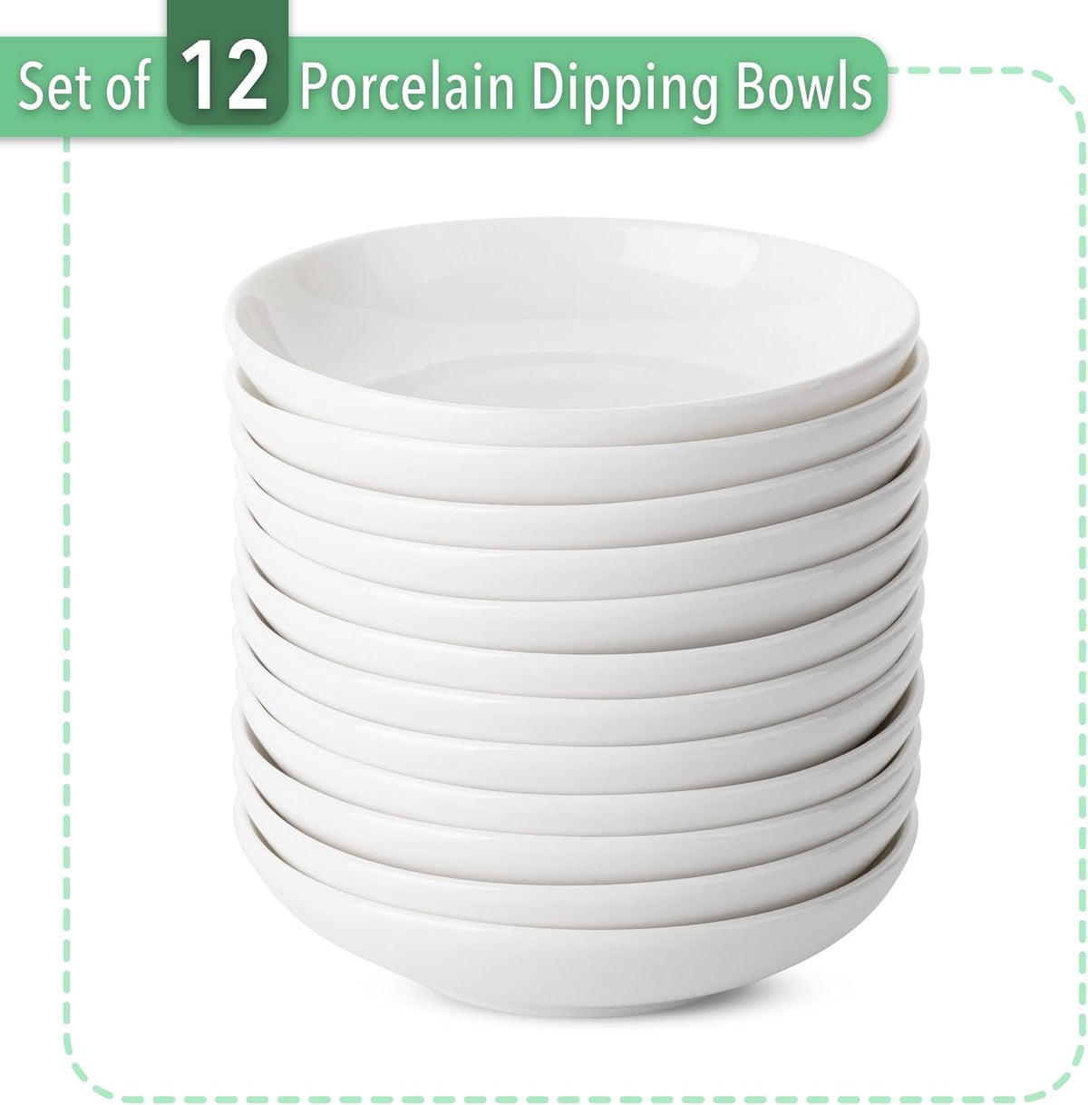 Brew To A Tea - Ceramic Porcelain Dipping Bowls, 3 Oz, Set of 12, White, Modern Style, Round Shape, Classic Theme, Oven Safe, Microwave & Dishwasher Safe