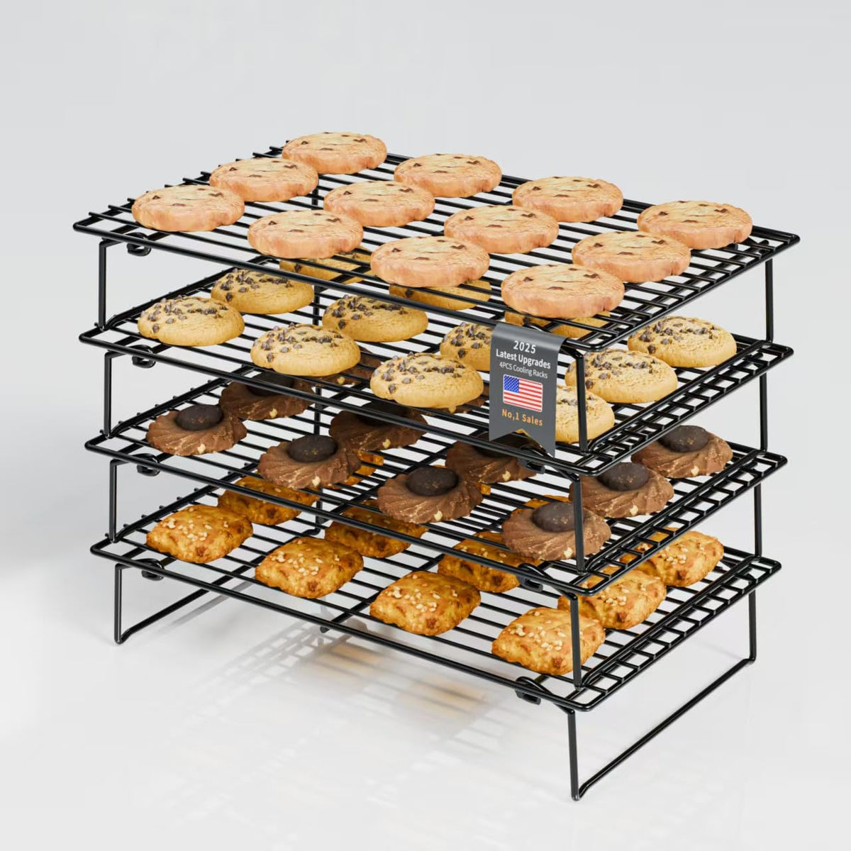 4PCS Cooling Racks for Cooking and Baking, Collapsible 4 Tiers 10"X16" Cool Batches of Cookies, Non-Stick & BPA-Free, Oven and Dishwasher Safe (Black-202)