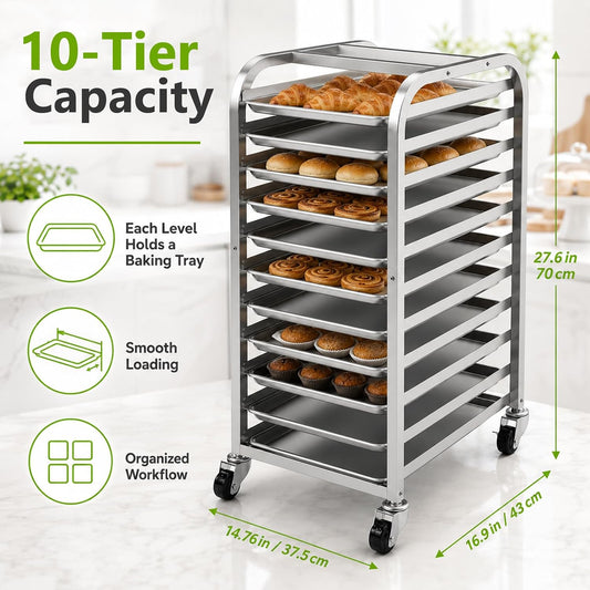 10-Tier Sheet Pan Rack with Wheels for Home Bakery Rolling Cart Fits 1/2 & 1/4 Sheet Pans, Commercial Grade Bread Cooling & Dough Proofing Rack for Bakers, Candle & Soap Makers
