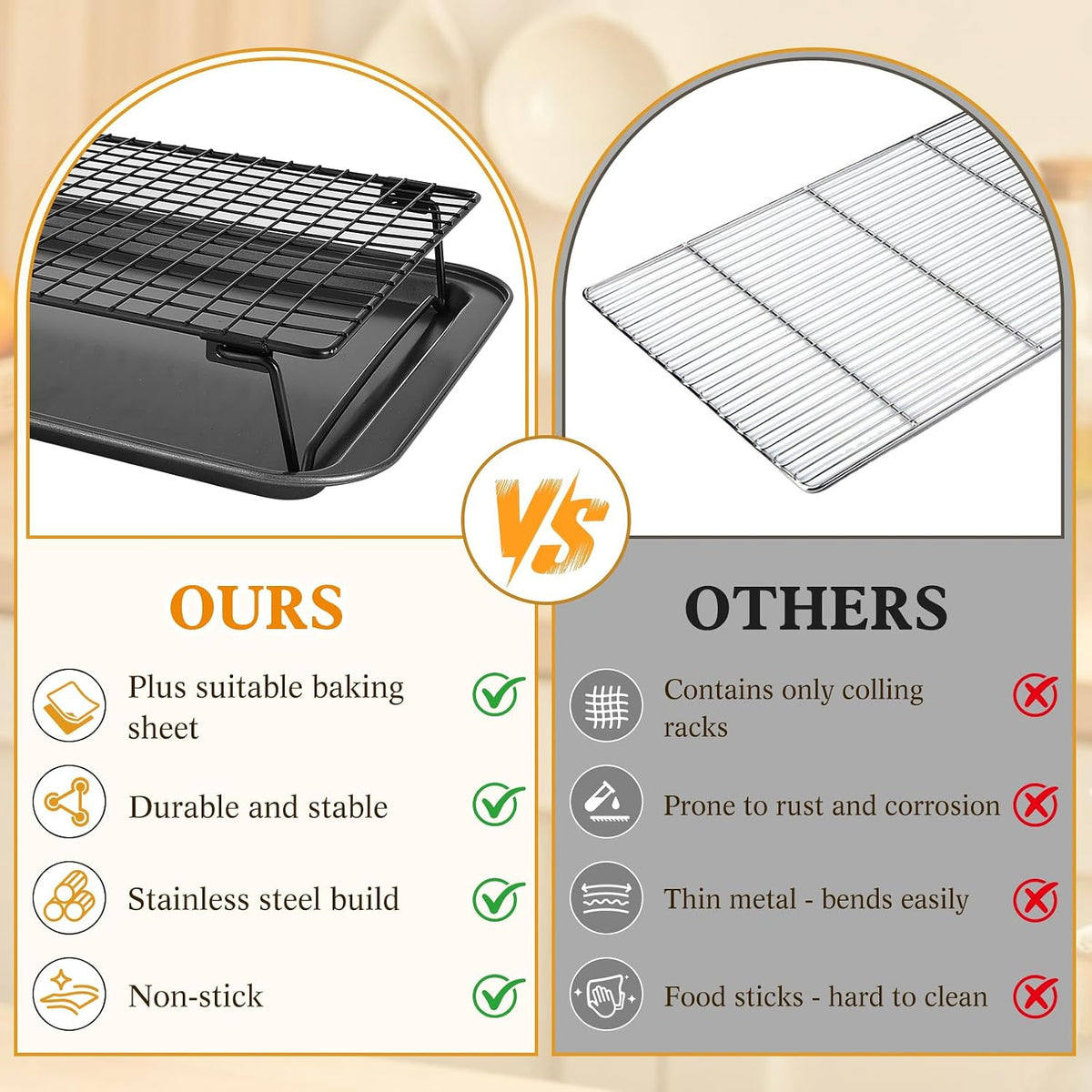 5 Pcs Stackable Cooling Racks Sets (13.4"x9.4") with Compatible Baking Pan