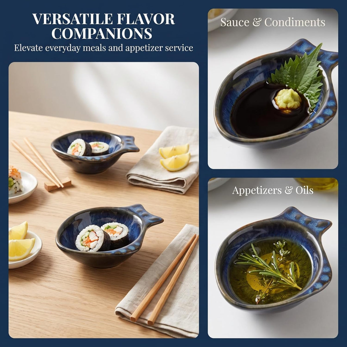 CALLARON 2Pcs Ceramic Dipping Bowl - 4.3 inch Fish Shape Sauce Dishes, 2 Oz Porcelain Serving Bowl, Small Bowl Dish for Appetizer, Sushi Soy Sauce, Snack, Seasoning, Dishwasher Safe