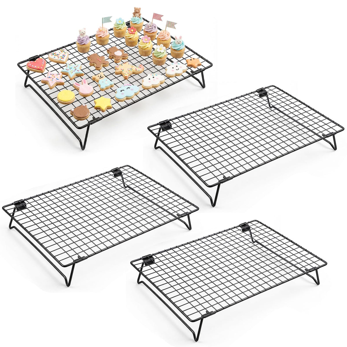 Kifmurase 3PCS Stackable Cooling Rack for Baking, 13.3 x 9.3 Inch Carbon Steel Wire Rack with Folding Legs for Cookie Cake Pizza Jerky, Multi-Use Bread Oven Racks for Cooking Roasting Drying Grilling