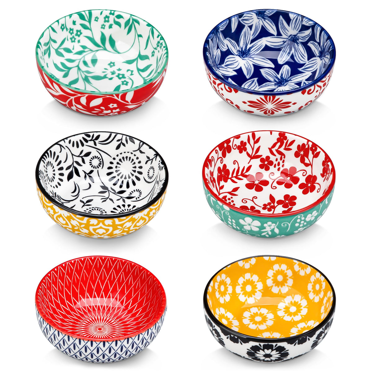 vancasso 2.7 Oz Ceramic Mini Dipping Bowls Set of 6, 3 Inch Small Dip Bowls for Sauce, Soy Sauce, Sushi, Condiments & Side Dishes, Chinoiserie Floral Style, Microwave & Dishwasher Safe, SELENE Series