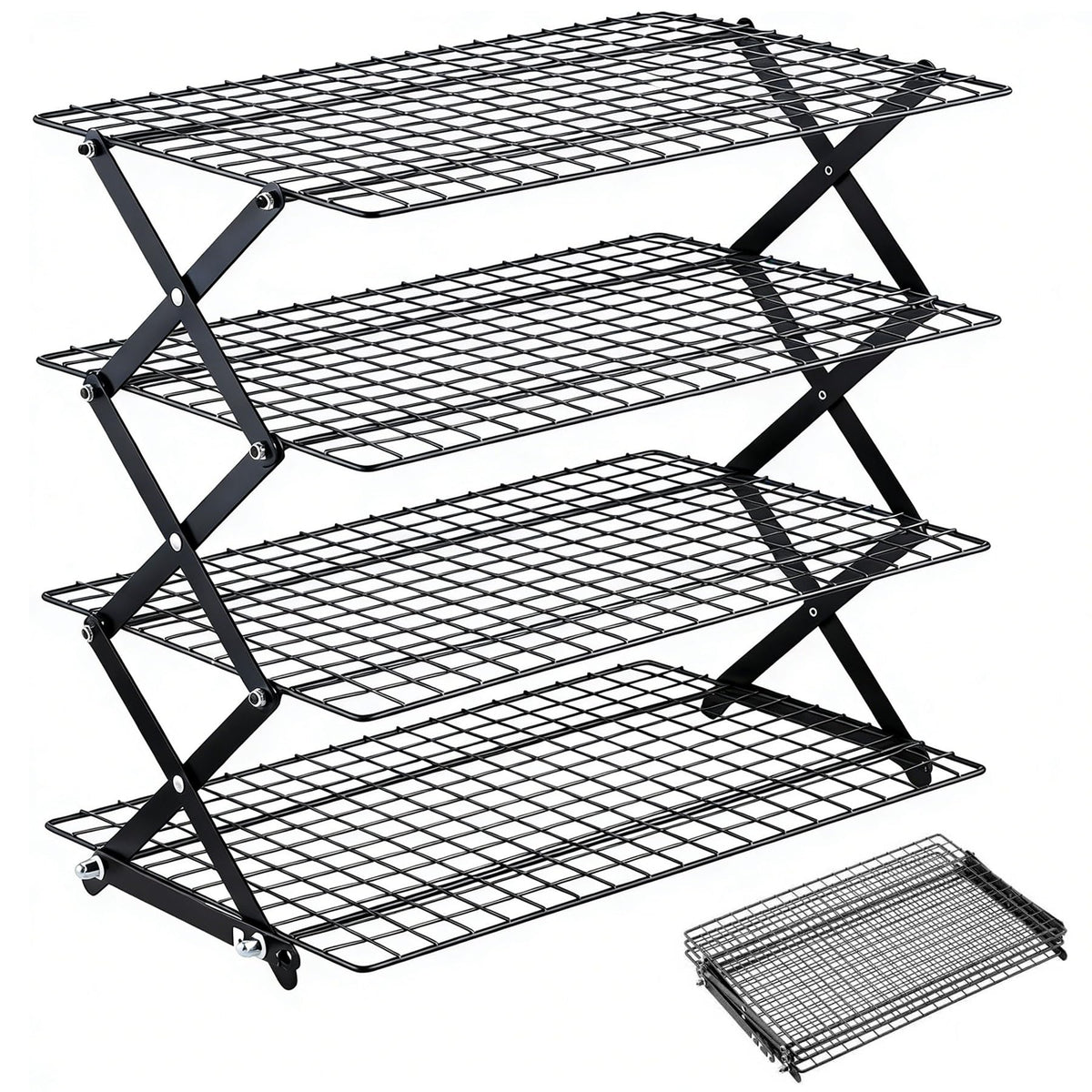 4-Tier Collapsible Cooling Rack with 3-Setting Design, Heavy-Duty Steel Baking Rack for Oven Safe Cooking & Space-Saving Storage