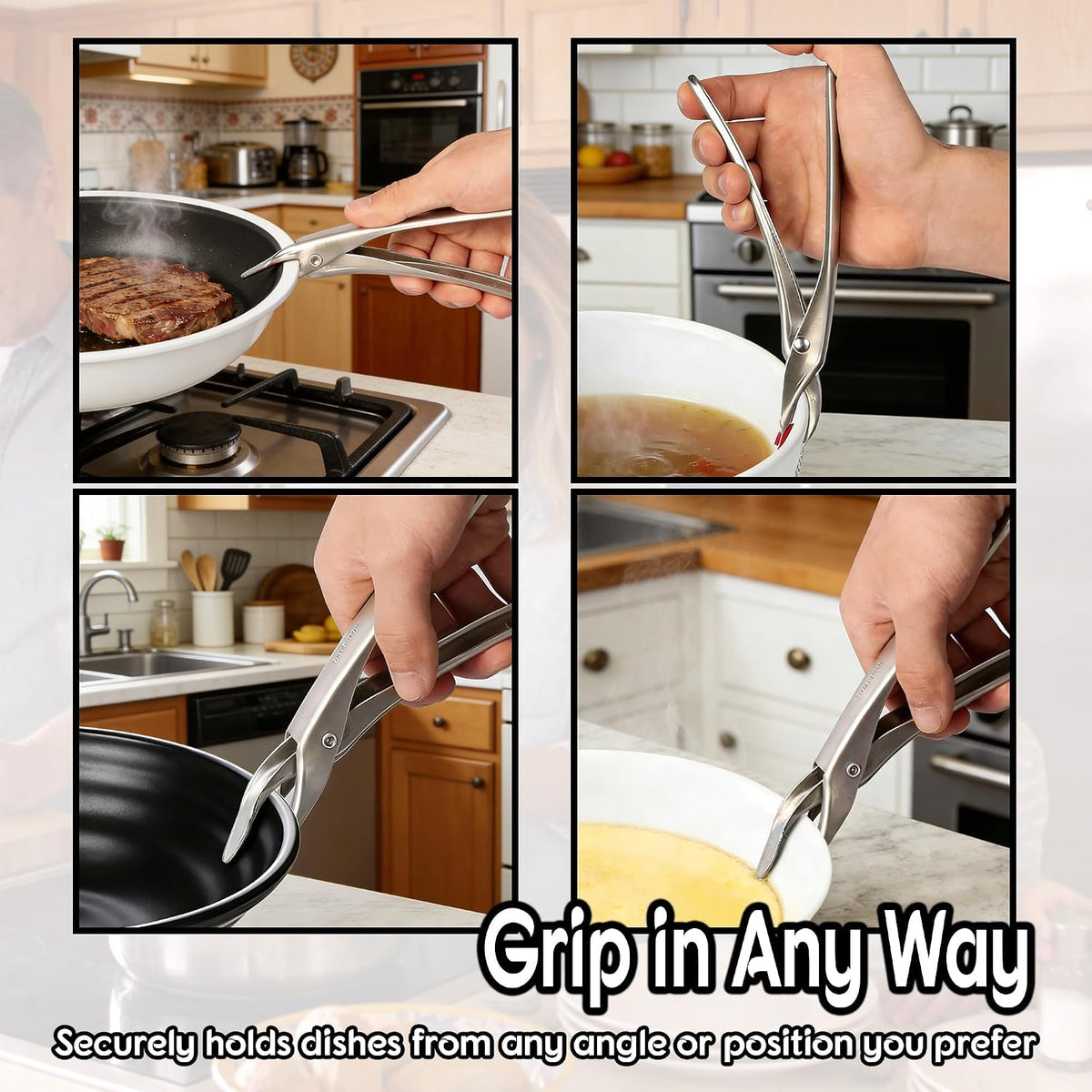 2 Pack Hot Plate Gripper Tongs - 304 Stainless Steel Anti-Scald - Multi-Purpose Bowl Holder Clip for Air Fryer, Instant Pot, Pizza Oven & Kitchen (Lifting & Pouring Accessories)