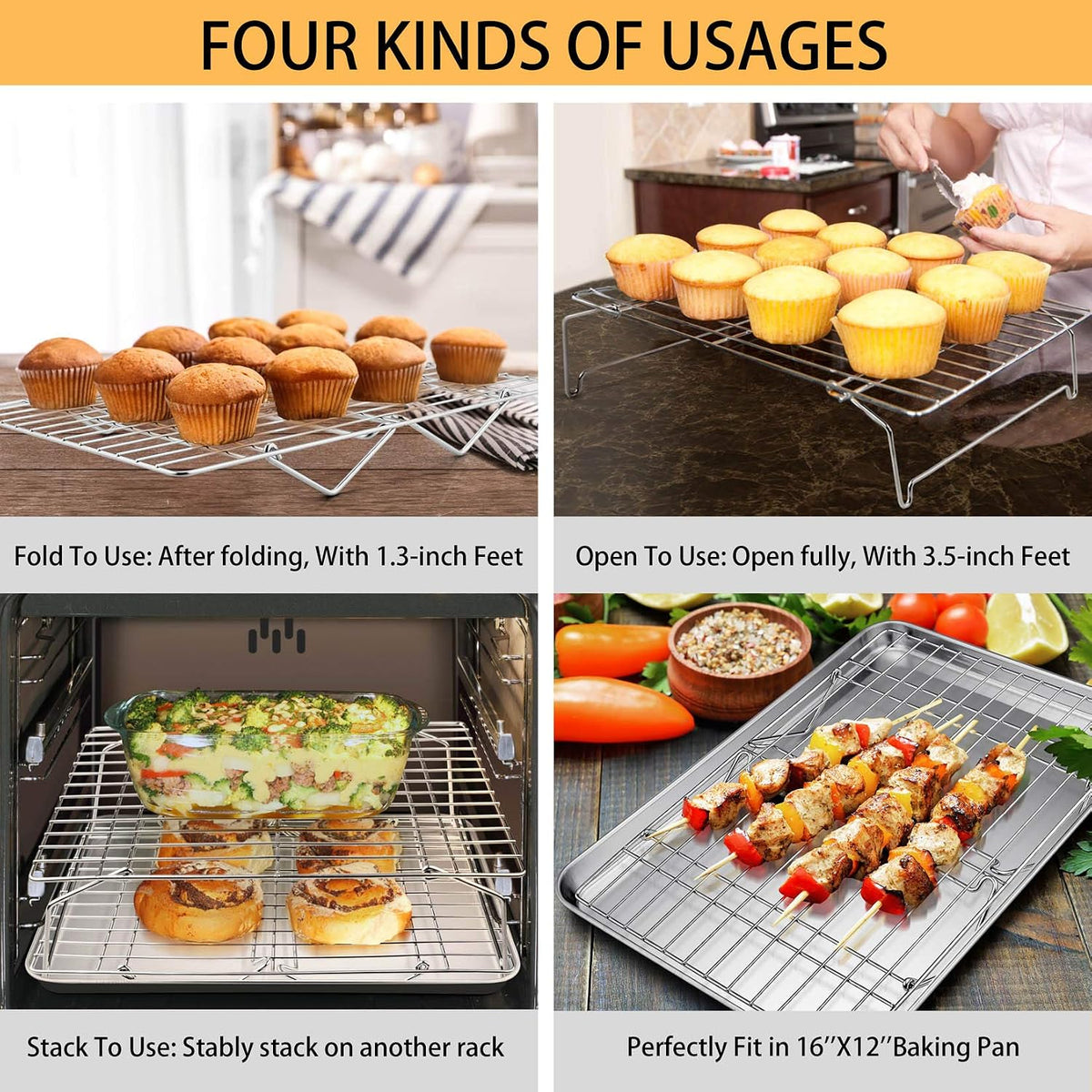 P&P CHEF 4-Tier Cooling Rack Set, Stainless Steel Stackable 15" x 10" Rack