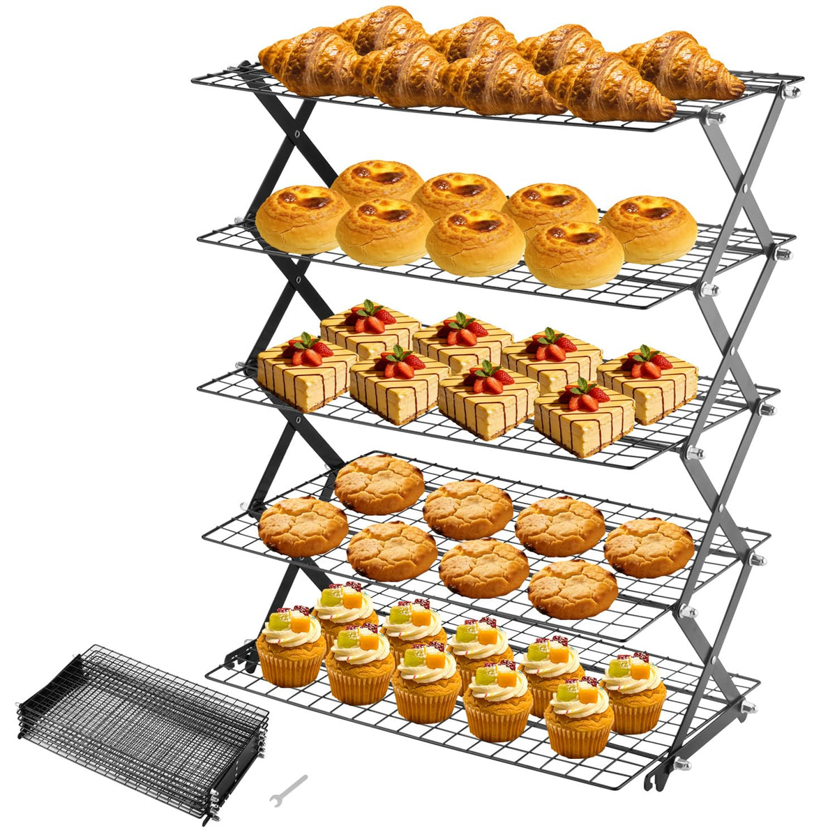 3-Tier Stackable Cooling Rack for Baking, Collapsible Wire Cookie Rack with Adjustable Heights, Non-Stick Roasting & Drying Rack for Cupcakes, Pies and Pastries, Space-Saving Kitchen Essential