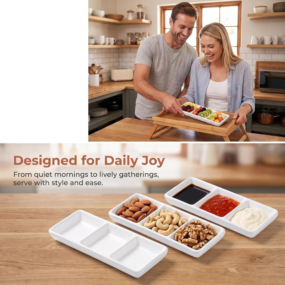 DOITOOL 2Pcs Ceramic Serving Platters, 3 Compartment Appetizer Serving Trays Snack Dishes, White Rectangular Divided Sauce Dishes for Home Restaurant Kitchen