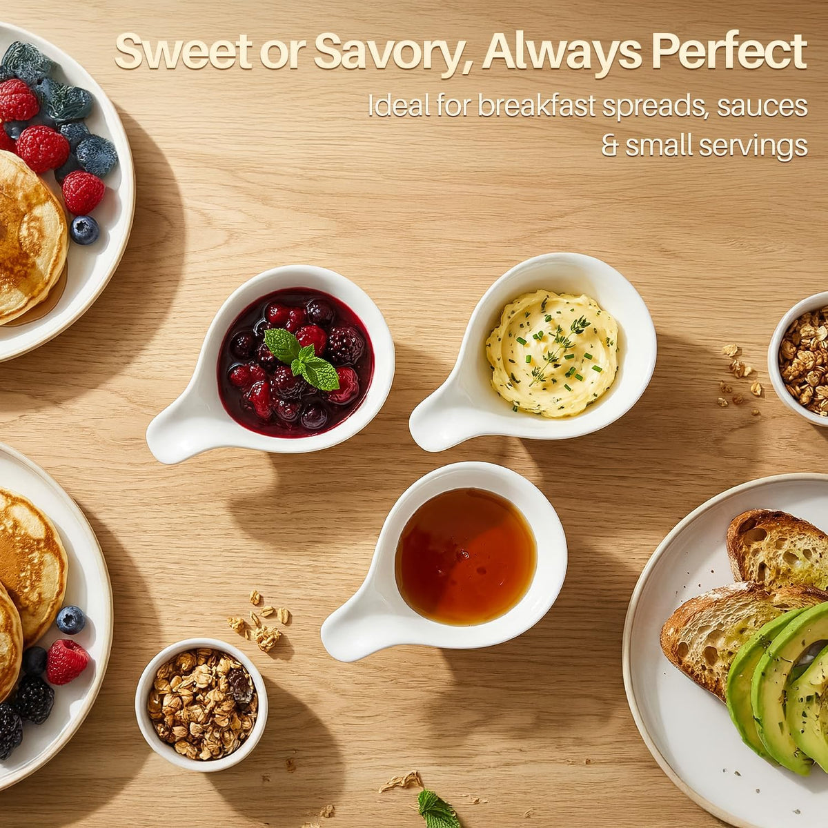 Flexzion Small Dipping Bowls with Handles, Ceramic White, 3 oz, 6-Pack