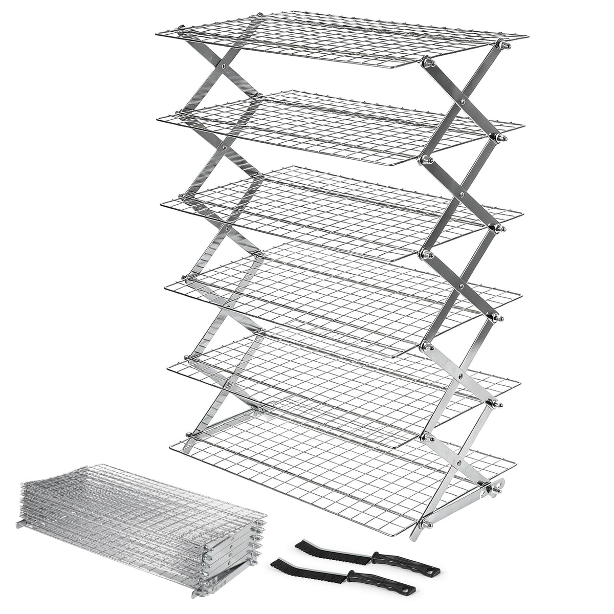 6 Tier Upgraded Collapsible Cooling Rack with Adjustable 3 Setting Design, Stackable Baking Rack with Clean Brush, Roasting Cooking Drying Wire Cooling Rack for Cookies Baking Roasting & Grilling