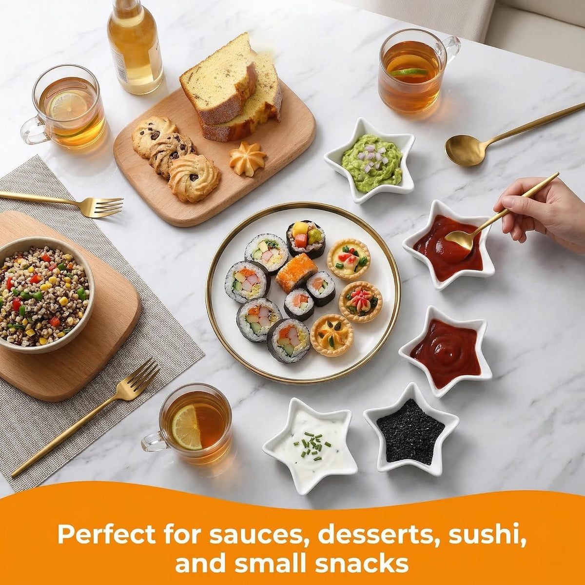 6 Pack Star Shaped Dipping Bowls, 3.7 Inch White Soy Sauce Dishes