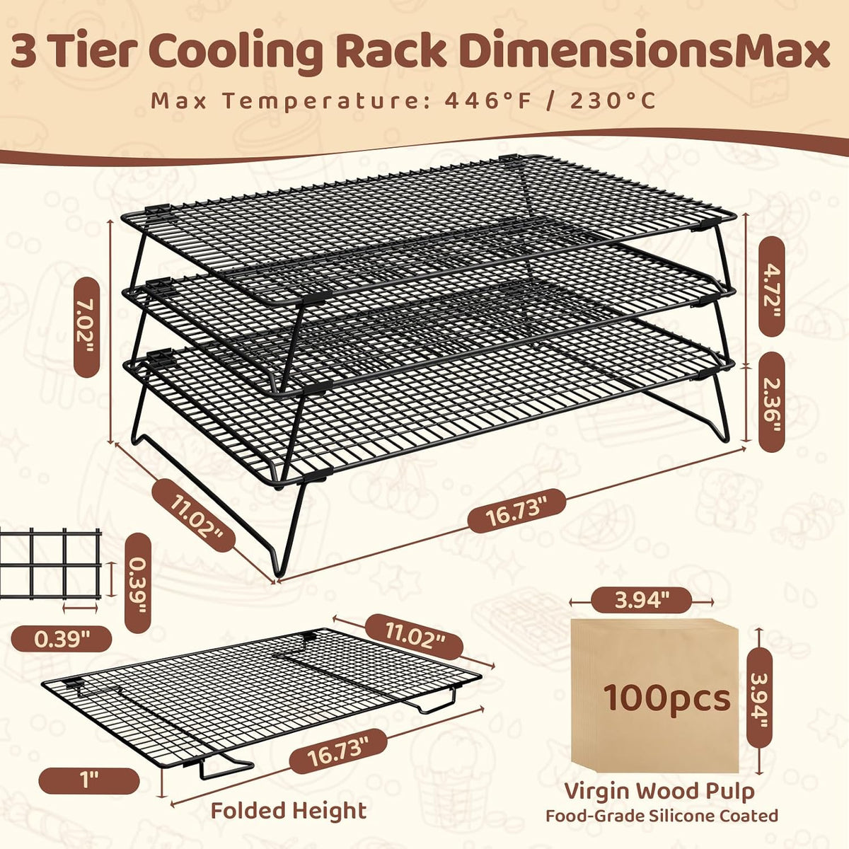 3 Tier 17" x 11" Cooling Rack for Cooking and Baking w/100 Papers
