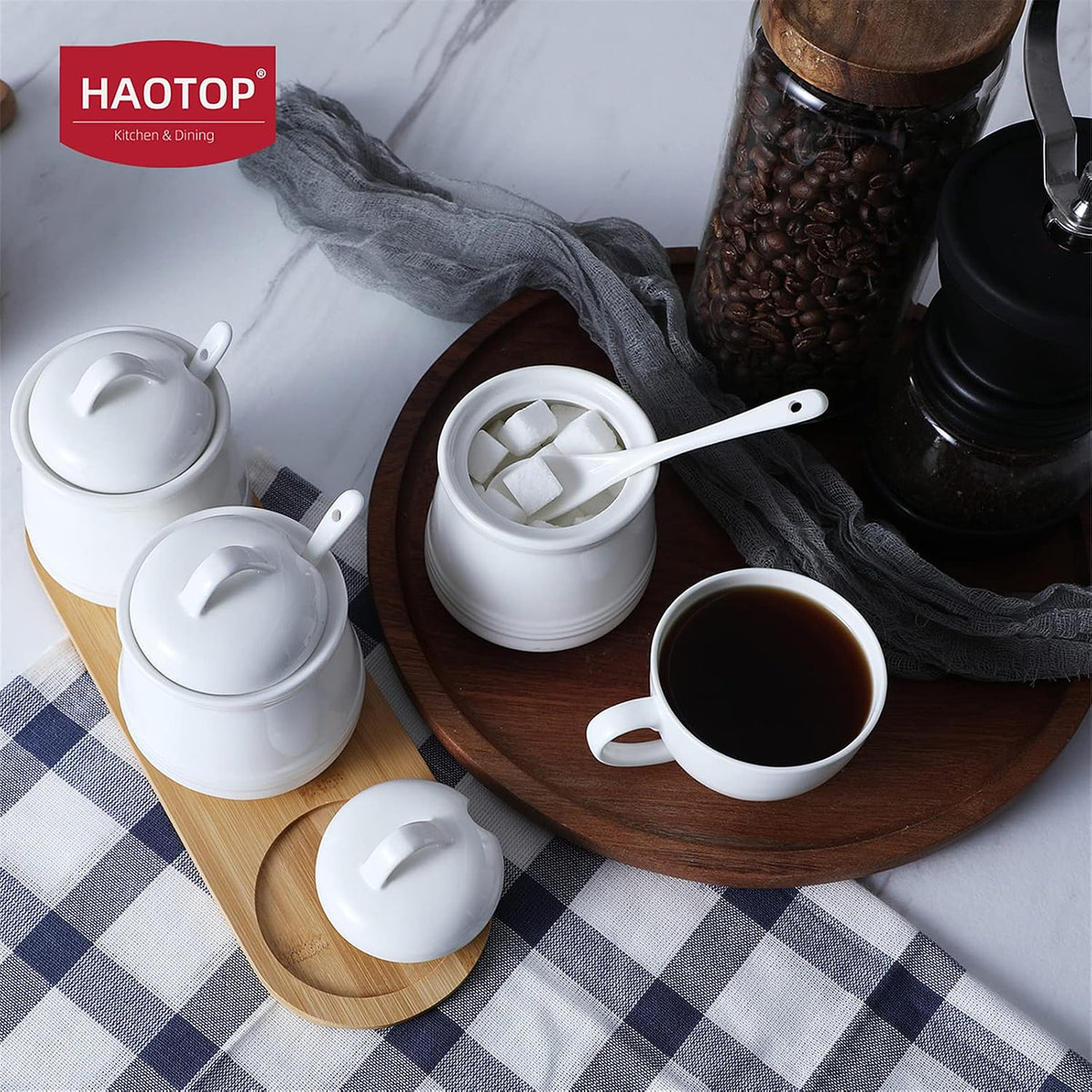 Porcelain Condiment Jar 3 Pack Set with Tray, 12 Ounces White