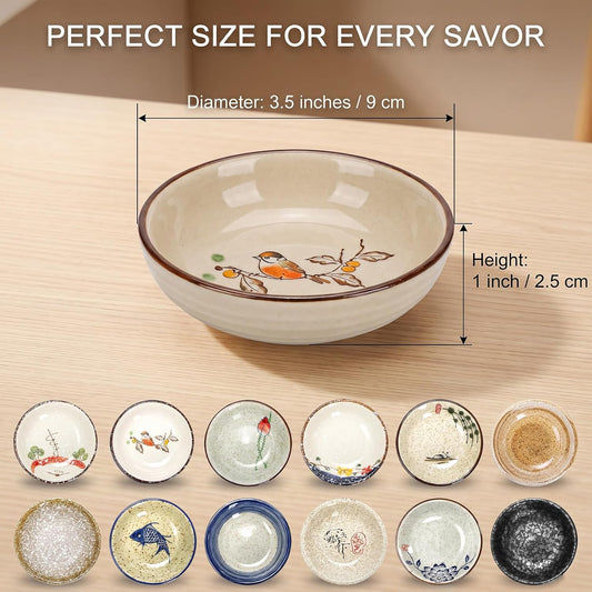 12 Pcs Japanese Sauce Dishes, 2 Oz Round Ceramic Dipping Bowl Set, Small Ceramic Soy Sauce Dish, Condiment Plates for Sushi, Appetizers, Snacks and Kitchen Use (Assorted Colorful)