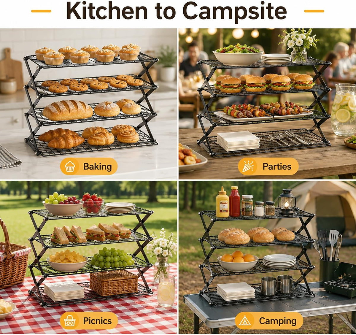 4-Tier Collapsible Cooling Rack with Adjustable 3 Setting Design Stackable Drying Wire Cooling Rack for Cooking and Baking, Roasting & Grilling Gifts for Picnic Party, 2/3/4-Tier Upgraded