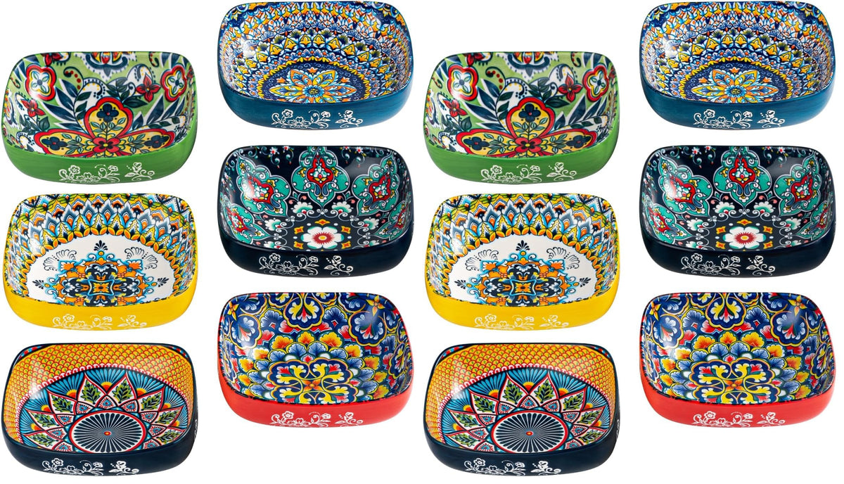 HENXFEN LEAD Boho Ceramic Dipping & Snack Bowls Set of 6, 8 oz Square Bowls
