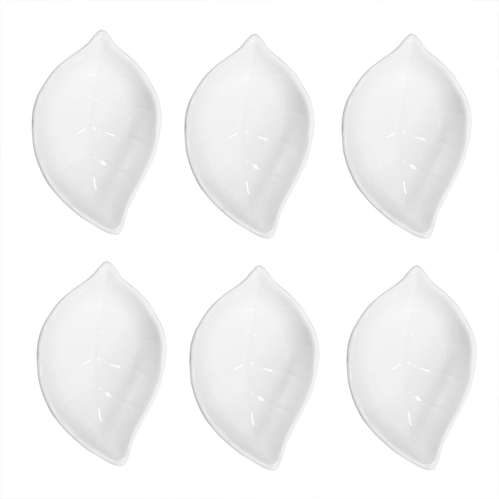 Green 6 pcs Leaf Shaped Porcelain Soy Sauce Dish Ceramic Dip Dipping Bowls 2.01 oz for Dinner Baking BBQ and Cooking