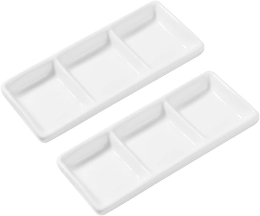 DOITOOL 6 Inch Mini 3 Compartment Appetizer Serving Tray White Ceramic Rectangular Divided Sauce Dishes Chips Dip Sauce Dishes for 14.8 x 6 x 2 cm
