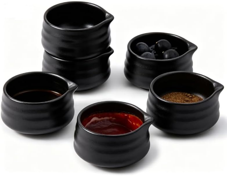 Ceramic Small Sauce Bowls with Spout, Matt Black, 3OZ, Set of 6
