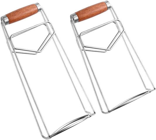 2Pcs Stainless Steel Hot Dish Gripper Tongs, Bowl Lifter with Wood Handle