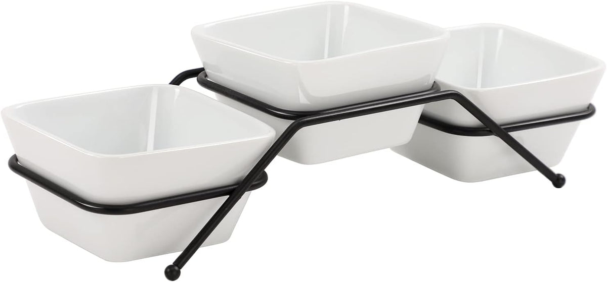 Buyajuju 3 pcs square bowl Porcelain Chip & Dip Serving Set With Black Metal Stand,4.5 inch White Small Serving Bowls for Side Dishes, Salsa, Appetizer, Serving Dishes for Entertaining 11.5 OZ