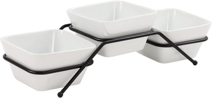 Buyajuju 3 pcs square bowl Porcelain Chip & Dip Serving Set With Black Metal Stand,4.5 inch White Small Serving Bowls for Side Dishes, Salsa, Appetizer, Serving Dishes for Entertaining 11.5 OZ