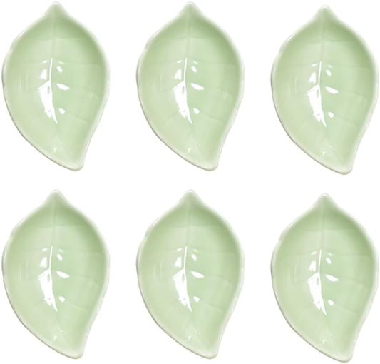 Green 6 pcs Leaf Shaped Porcelain Soy Sauce Dish Ceramic Dip Dipping Bowls 2.01 oz for Dinner Baking BBQ and Cooking