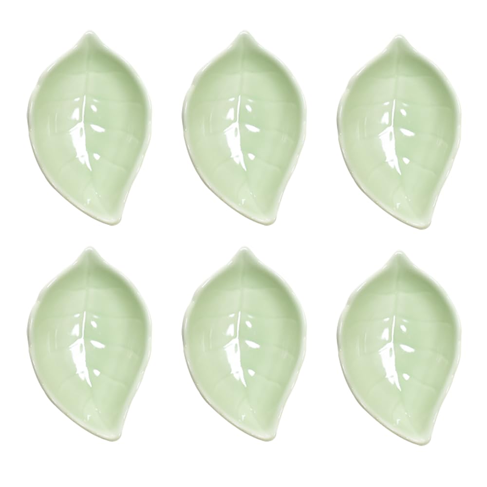 Green 6 pcs Leaf Shaped Porcelain Soy Sauce Dish Ceramic Dip Dipping Bowls 2.01 oz for Dinner Baking BBQ and Cooking