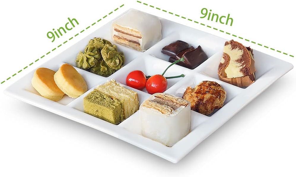 Cinf Ceramic Divided Plate, 9-Section Snack Tray with Sauce Compartments