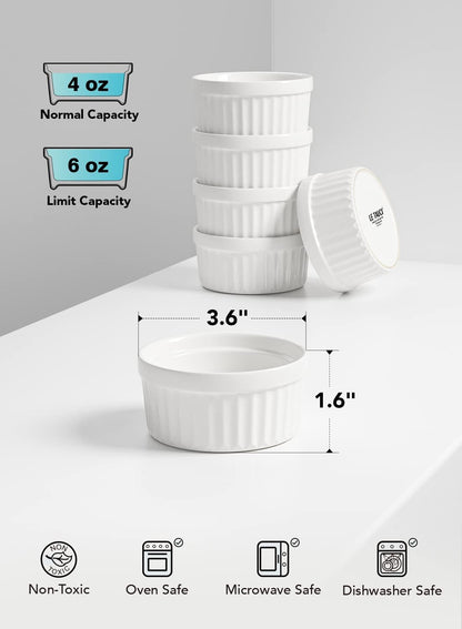 LE TAUCI Ramekins 4 OZ Oven Safe, Set of 6, White