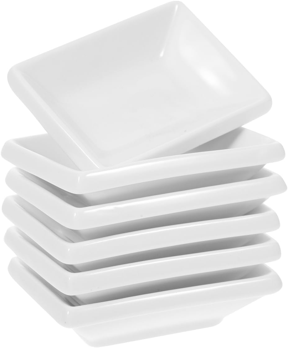 Cabilock 6Pcs Ceramic Dipping Sauce Bowls, 3.3 Inch White Soy Sauce Dishes, Small Rectangle Condiment Plates for Sushi, Ketchup, Vinegar, BBQ, Snacks and Appetisers