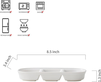 2PCS Ceramic Dishes, Ceramic Dish Stainless Steel Soy Tomato Sauce Salt Vinegar Sugar Spices Flavor Condiment Dip Bowls Korean BBQ Home Kitchen Plates, 3 Compartment Sauce Dish (3 Grids White)