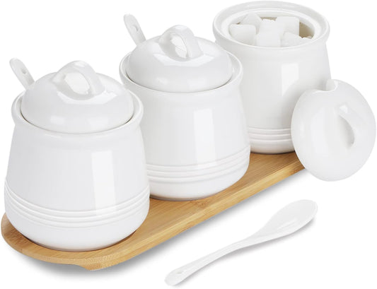 Porcelain Condiment Jar 3 Pack Set with Tray, 12 Ounces White
