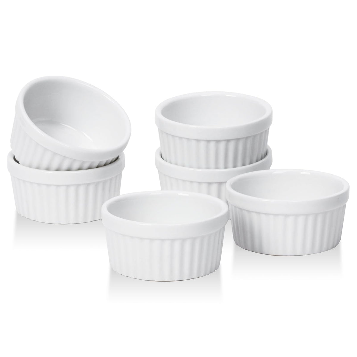 DOWAN 4 oz Ceramic Ramekins Set of 6, Oven Safe Souffle Dishes for Air Fryer Baking, Mini Round Baking Cups for Creme Brulee, Dipping Sauces, Desserts and Prep Bowls, White
