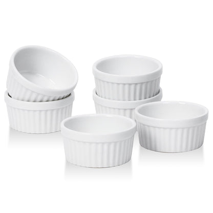 DOWAN 4 oz Ceramic Ramekins Set of 6, Oven Safe Souffle Dishes for Air Fryer Baking, Mini Round Baking Cups for Creme Brulee, Dipping Sauces, Desserts and Prep Bowls, White
