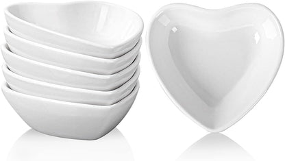 DELLING Heart Shaped Dipping Bowls Set of 6, Mini Soy Sauce Dishes 2 Oz, Small Ceramic Bowls for Condiment Ketchup Dip, Porcelain Sauce Cups for Charcuterie Board BBQ Party, White