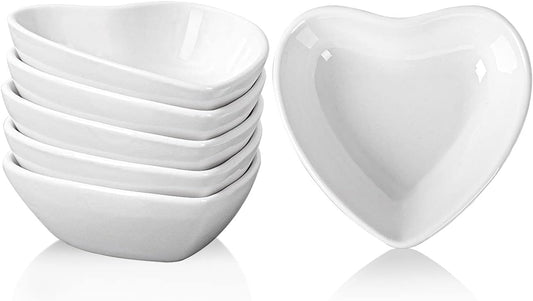 DELLING Heart Shaped Dipping Bowls Set of 6, Mini Soy Sauce Dishes 2 Oz, Small Ceramic Bowls for Condiment Ketchup Dip, Porcelain Sauce Cups for Charcuterie Board BBQ Party, White